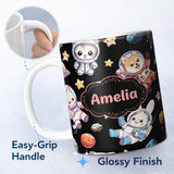 Personalized Custom Name Cute Space Animals Astronaut Seamless Pattern Black Galaxy Kids 11oz Ceramic Coffee Tea Mug White Large Handle