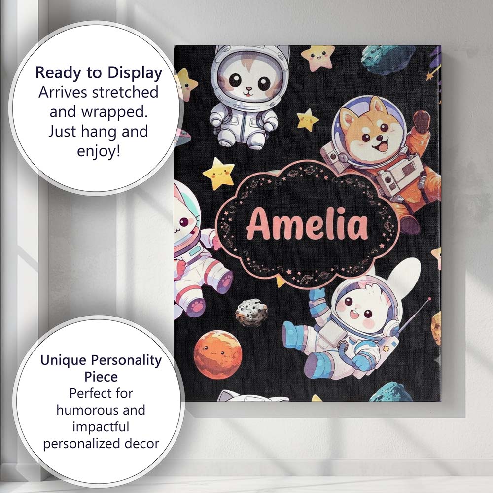 Personalised Name Cute Space Animals Custom Premium Decorative Design Modern Room Accent Canvas Wall Art Print Decor Picture Ready to Hang
