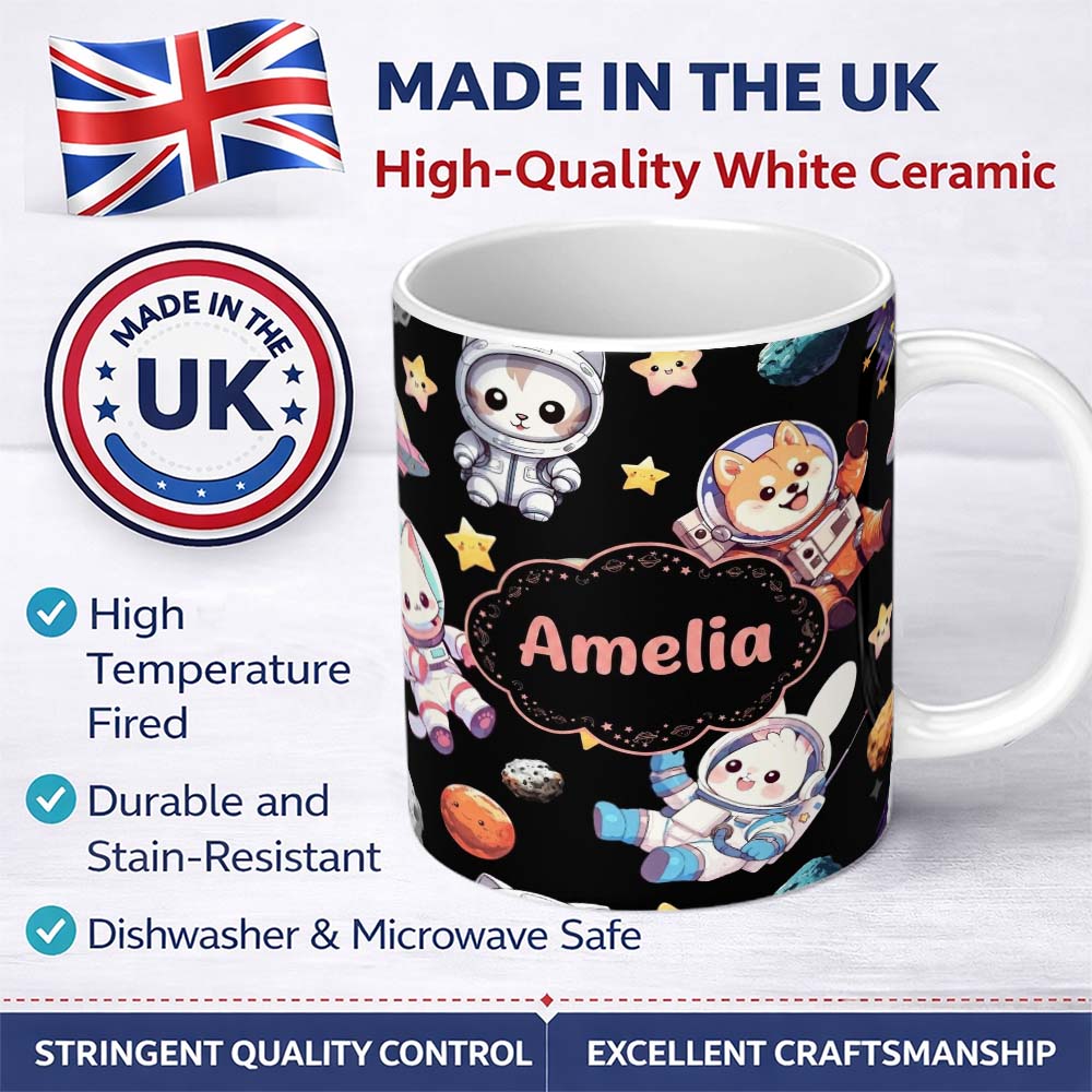 Personalized Custom Name Cute Space Animals Astronaut Seamless Pattern Black Galaxy Kids 11oz Ceramic Coffee Tea Mug White Large Handle