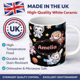 Personalized Custom Name Cute Space Animals Astronaut Seamless Pattern Black Galaxy Kids 11oz Ceramic Coffee Tea Mug White Large Handle