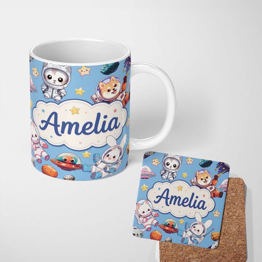 Personalized Custom Name Cute Space Animals Astronaut Seamless Pattern Blue Galaxy Kids 11oz Ceramic Coffee Tea Mug White Large Handle