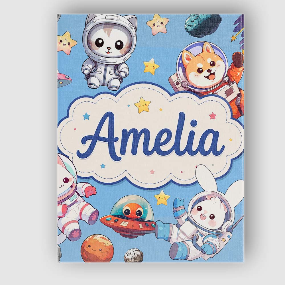 Personalised Name Cute Space Animals Custom Premium Decorative Design Modern Room Accent Canvas Wall Art Print Decor Picture Ready to Hang