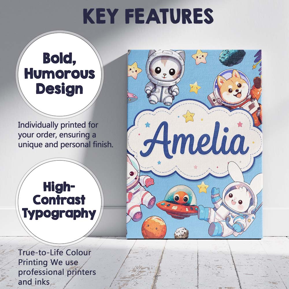 Personalised Name Cute Space Animals Custom Premium Decorative Design Modern Room Accent Canvas Wall Art Print Decor Picture Ready to Hang