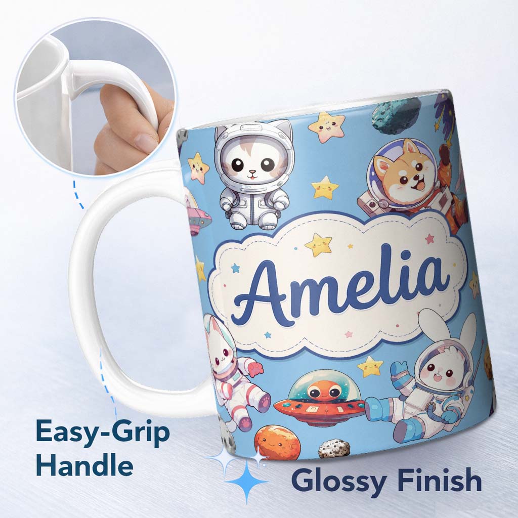 Personalized Custom Name Cute Space Animals Astronaut Seamless Pattern Blue Galaxy Kids 11oz Ceramic Coffee Tea Mug White Large Handle