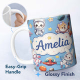 Personalized Custom Name Cute Space Animals Astronaut Seamless Pattern Blue Galaxy Kids 11oz Ceramic Coffee Tea Mug White Large Handle