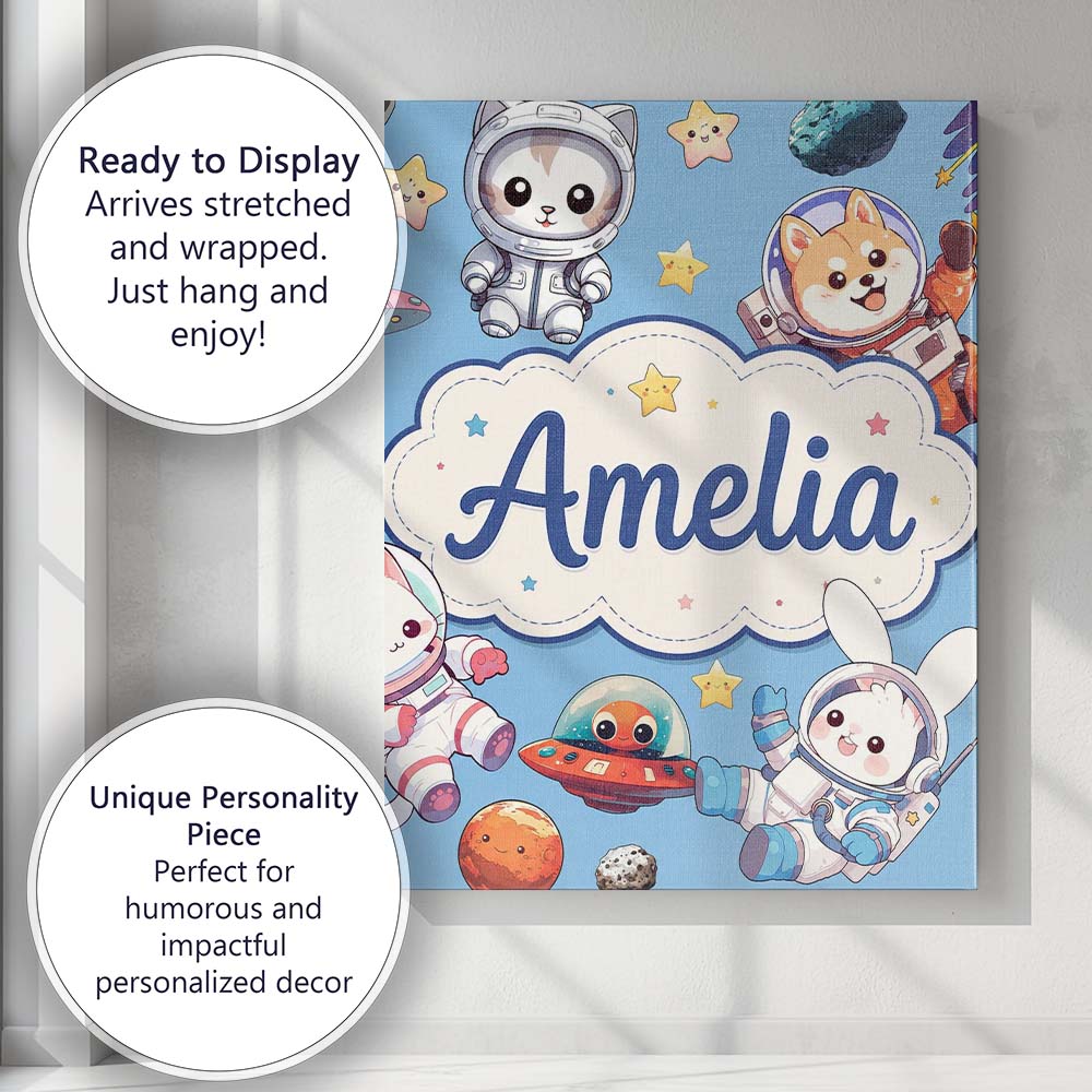 Personalised Name Cute Space Animals Custom Premium Decorative Design Modern Room Accent Canvas Wall Art Print Decor Picture Ready to Hang
