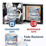 Personalized Custom Name Cute Space Animals Astronaut Seamless Pattern Blue Galaxy Kids 11oz Ceramic Coffee Tea Mug White Large Handle