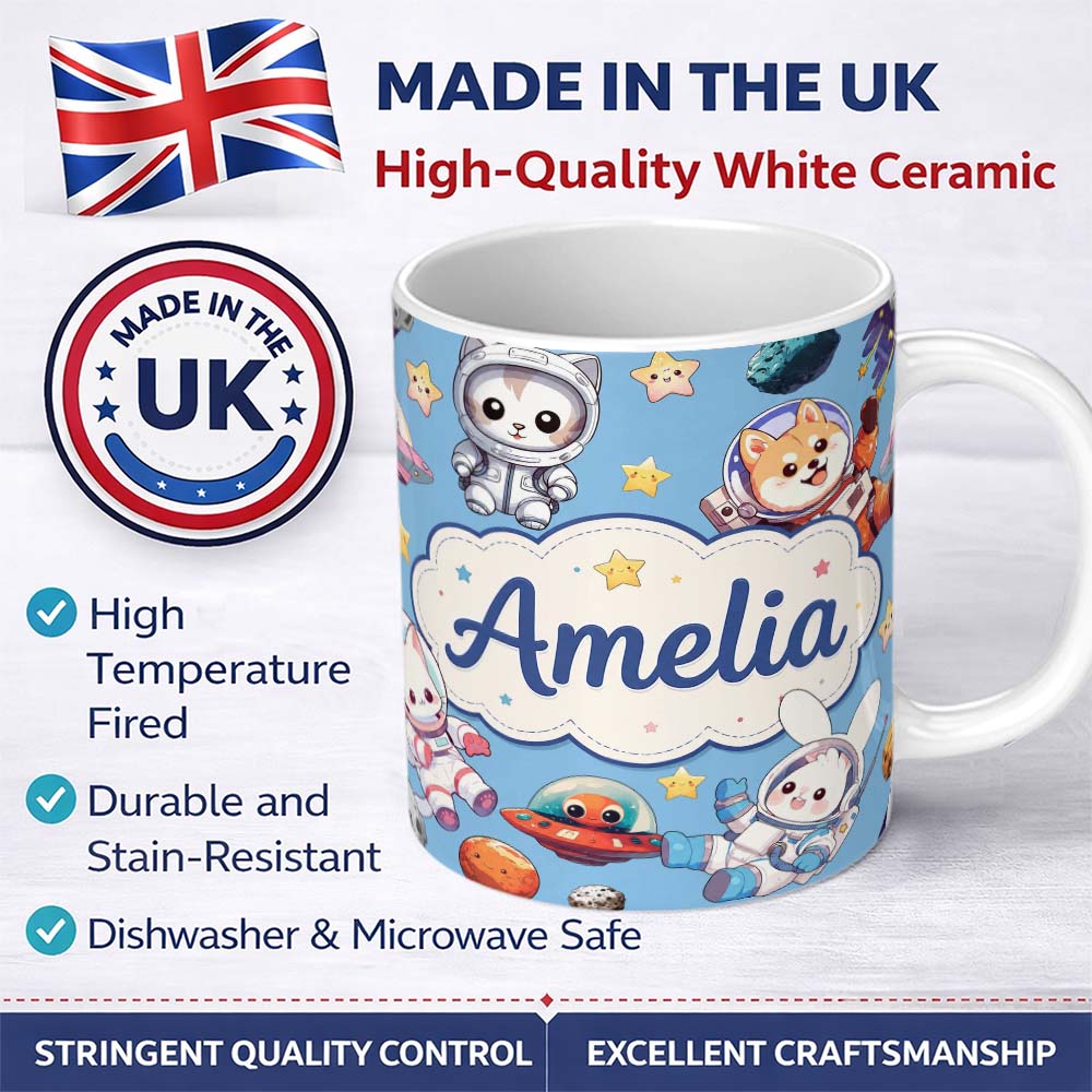Personalized Custom Name Cute Space Animals Astronaut Seamless Pattern Blue Galaxy Kids 11oz Ceramic Coffee Tea Mug White Large Handle