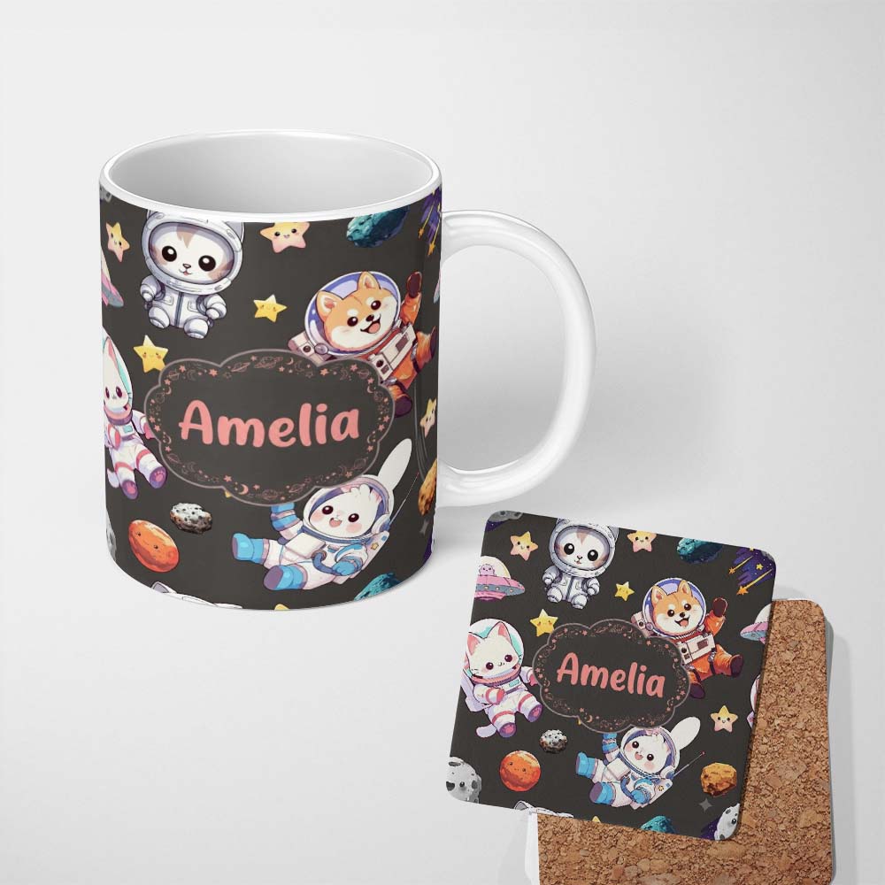 Personalized Custom Name Cute Space Animals Astronaut Seamless Pattern Dark Galaxy Kids 11oz Ceramic Coffee Tea Mug White Large Handle