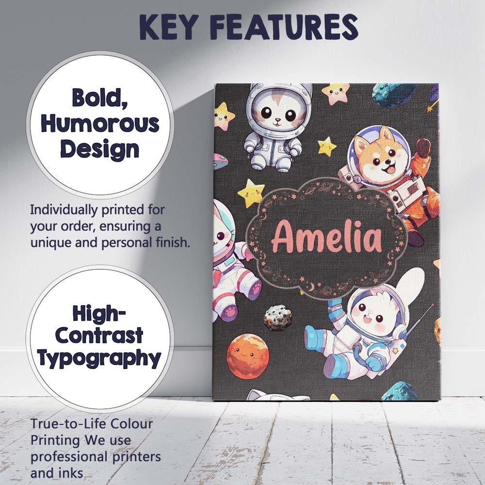 Personalised Name Cute Space Animals Custom Premium Decorative Design Modern Room Accent Canvas Wall Art Print Decor Picture Ready to Hang
