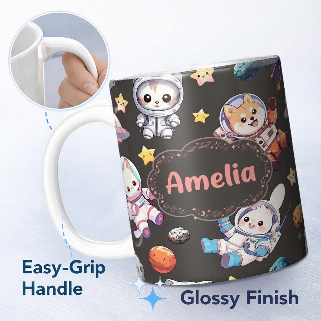 Personalized Custom Name Cute Space Animals Astronaut Seamless Pattern Dark Galaxy Kids 11oz Ceramic Coffee Tea Mug White Large Handle