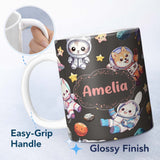 Personalized Custom Name Cute Space Animals Astronaut Seamless Pattern Dark Galaxy Kids 11oz Ceramic Coffee Tea Mug White Large Handle