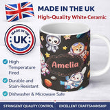 Personalized Custom Name Cute Space Animals Astronaut Seamless Pattern Dark Galaxy Kids 11oz Ceramic Coffee Tea Mug White Large Handle