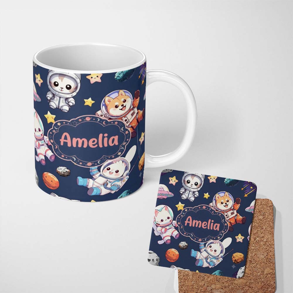 Personalized Custom Name Cute Space Animals Astronaut Seamless Pattern Navy Galaxy Kids 11oz Ceramic Coffee Tea Mug White Large Handle