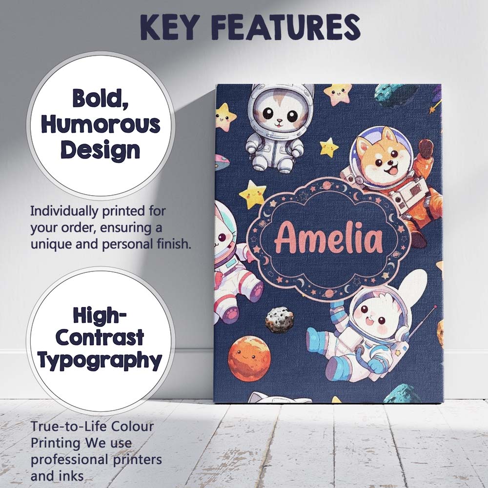Personalised Name Cute Space Animals Custom Premium Decorative Design Modern Room Accent Canvas Wall Art Print Decor Picture Ready to Hang