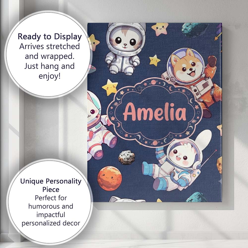 Personalised Name Cute Space Animals Custom Premium Decorative Design Modern Room Accent Canvas Wall Art Print Decor Picture Ready to Hang
