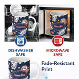 Personalized Custom Name Cute Space Animals Astronaut Seamless Pattern Navy Galaxy Kids 11oz Ceramic Coffee Tea Mug White Large Handle