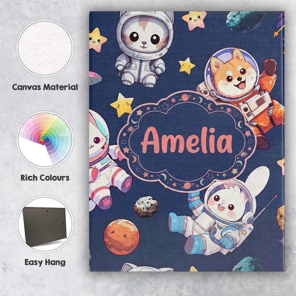 Personalised Name Cute Space Animals Custom Premium Decorative Design Modern Room Accent Canvas Wall Art Print Decor Picture Ready to Hang