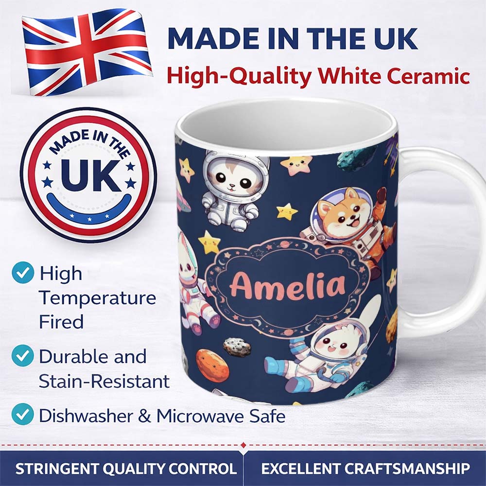 Personalized Custom Name Cute Space Animals Astronaut Seamless Pattern Navy Galaxy Kids 11oz Ceramic Coffee Tea Mug White Large Handle