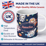 Personalized Custom Name Cute Space Animals Astronaut Seamless Pattern Navy Galaxy Kids 11oz Ceramic Coffee Tea Mug White Large Handle