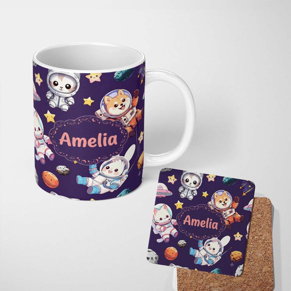 Personalized Custom Name Cute Space Animals Astronaut Seamless Pattern Purple Galaxy Kids 11oz Ceramic Coffee Tea Mug White Large Handle