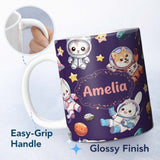 Personalized Custom Name Cute Space Animals Astronaut Seamless Pattern Purple Galaxy Kids 11oz Ceramic Coffee Tea Mug White Large Handle