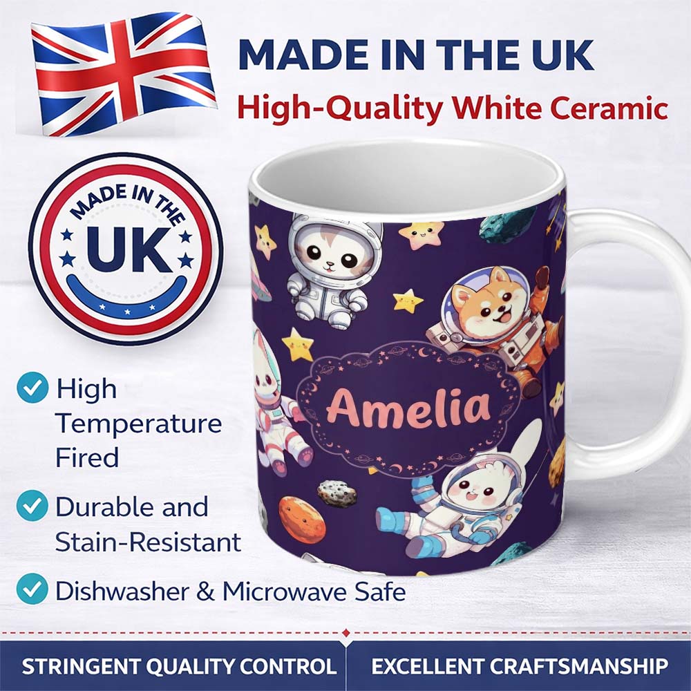 Personalized Custom Name Cute Space Animals Astronaut Seamless Pattern Purple Galaxy Kids 11oz Ceramic Coffee Tea Mug White Large Handle
