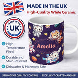 Personalized Custom Name Cute Space Animals Astronaut Seamless Pattern Purple Galaxy Kids 11oz Ceramic Coffee Tea Mug White Large Handle