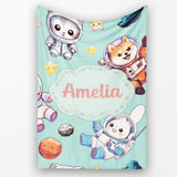 Cute Space Animals Astronaut Seamless Pattern Mint Galaxy Kids  Personalised Custom Name Super Soft Fleece Blanket Bed Sofa Throw