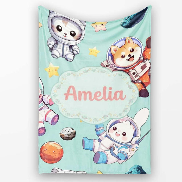 Cute Space Animals Astronaut Seamless Pattern Mint Galaxy Kids  Personalised Custom Name Super Soft Fleece Blanket Bed Sofa Throw