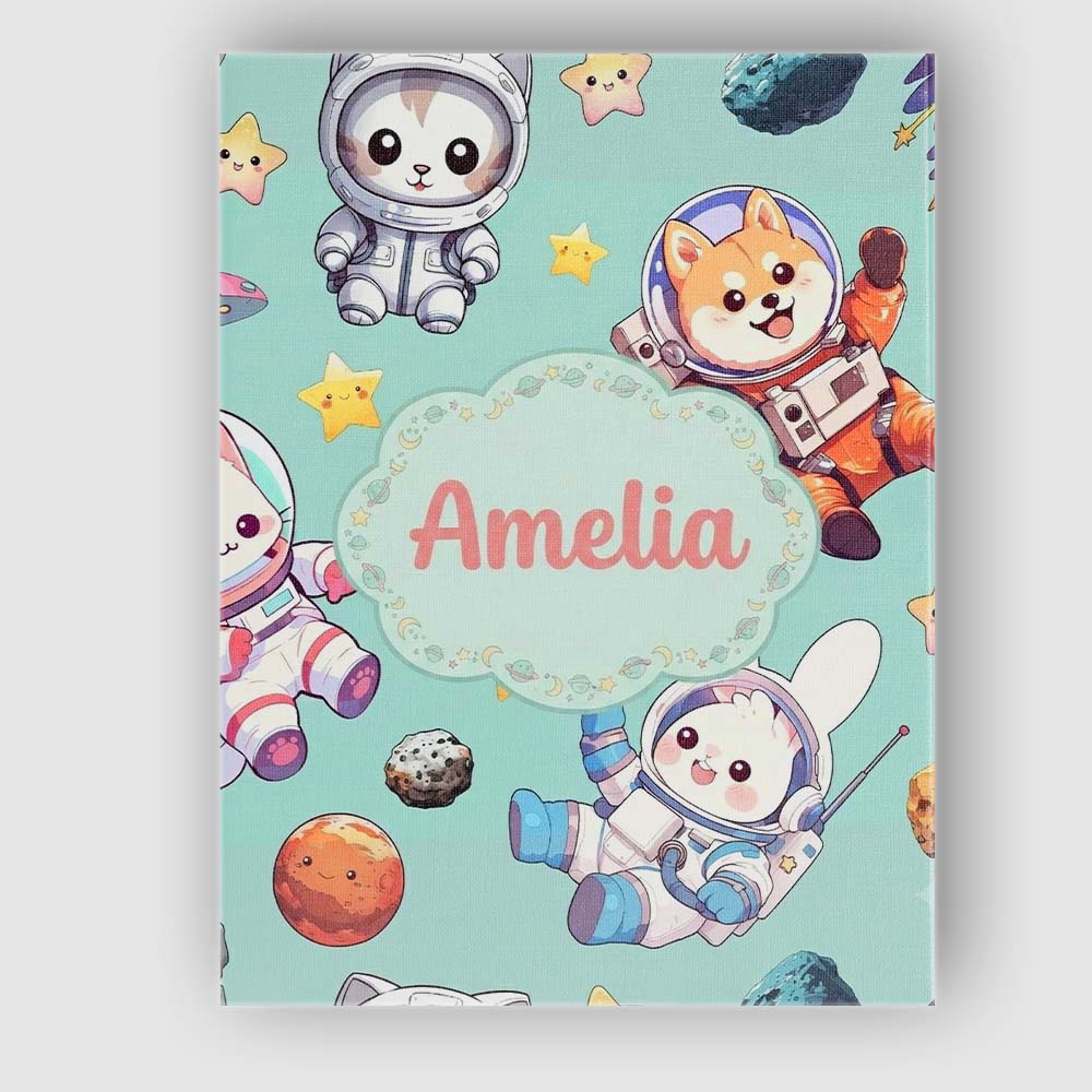 Personalised Name Cute Space Animals Custom Premium Decorative Design Modern Room Accent Canvas Wall Art Print Decor Picture Ready to Hang