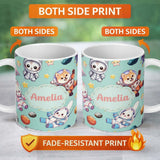 Personalized Custom Name Cute Space Animals Astronaut Seamless Pattern Mint Galaxy Kids 11oz Ceramic Coffee Tea Mug White Large Handle