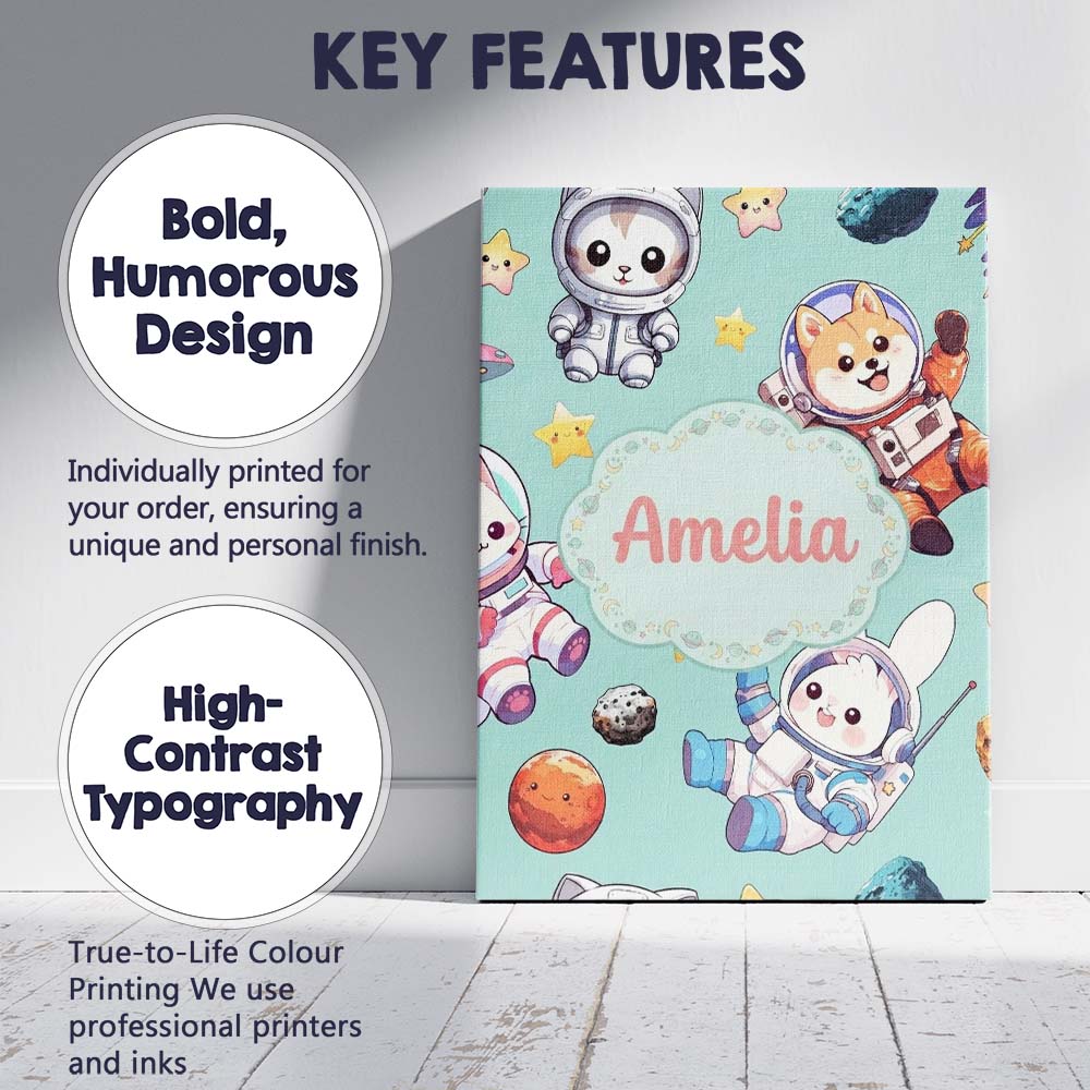 Personalised Name Cute Space Animals Custom Premium Decorative Design Modern Room Accent Canvas Wall Art Print Decor Picture Ready to Hang