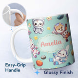 Personalized Custom Name Cute Space Animals Astronaut Seamless Pattern Mint Galaxy Kids 11oz Ceramic Coffee Tea Mug White Large Handle