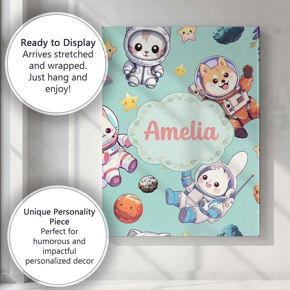 Personalised Name Cute Space Animals Custom Premium Decorative Design Modern Room Accent Canvas Wall Art Print Decor Picture Ready to Hang