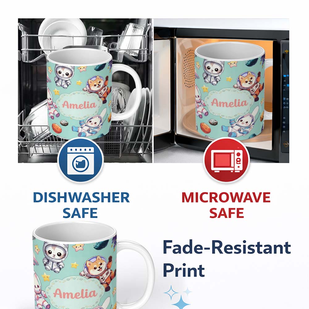 Personalized Custom Name Cute Space Animals Astronaut Seamless Pattern Mint Galaxy Kids 11oz Ceramic Coffee Tea Mug White Large Handle