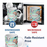 Personalized Custom Name Cute Space Animals Astronaut Seamless Pattern Mint Galaxy Kids 11oz Ceramic Coffee Tea Mug White Large Handle