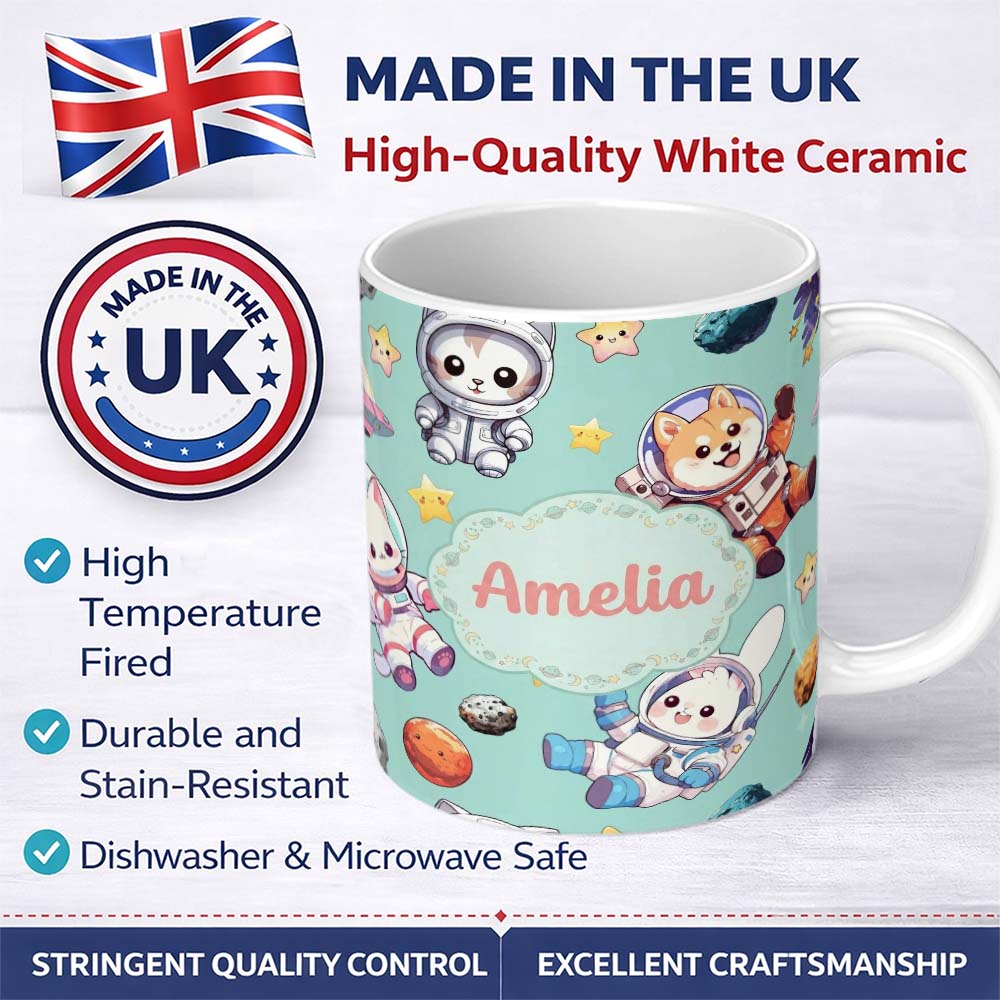 Personalized Custom Name Cute Space Animals Astronaut Seamless Pattern Mint Galaxy Kids 11oz Ceramic Coffee Tea Mug White Large Handle