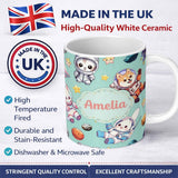Personalized Custom Name Cute Space Animals Astronaut Seamless Pattern Mint Galaxy Kids 11oz Ceramic Coffee Tea Mug White Large Handle