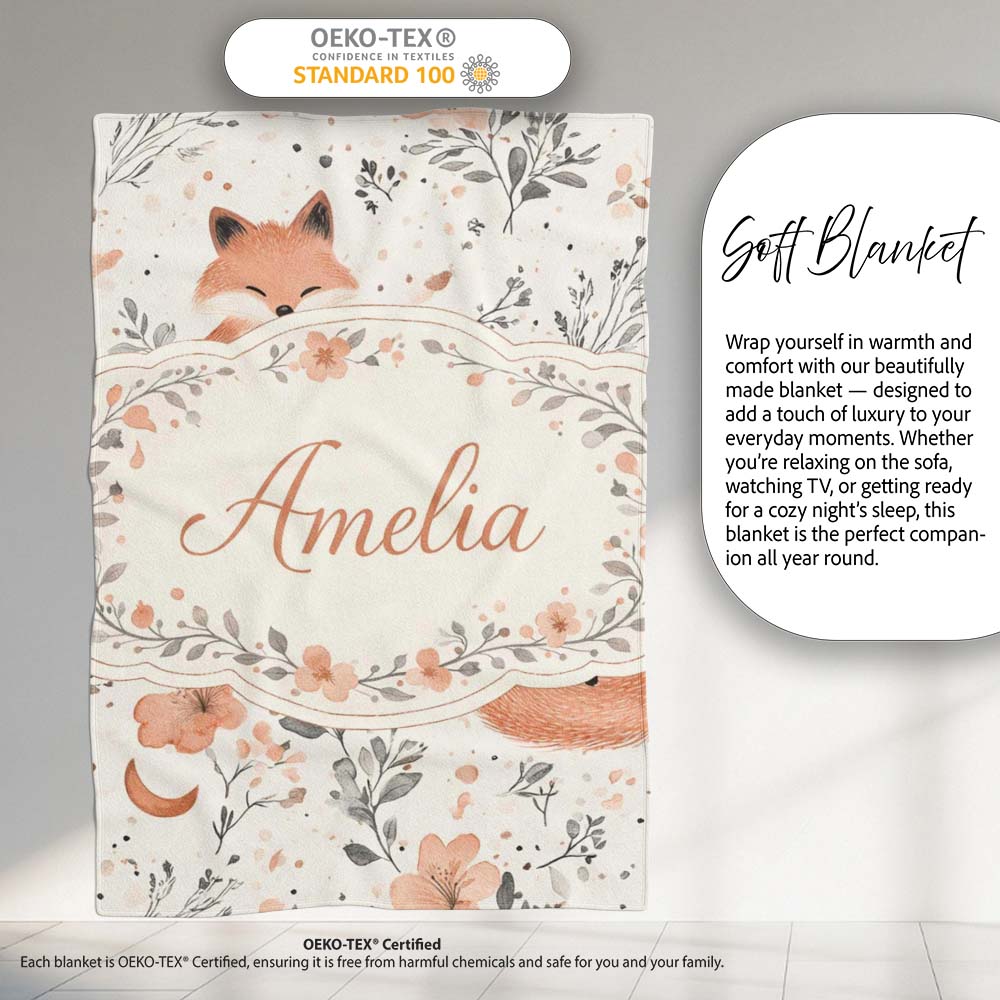 Cute Fox Floral Seamless Pattern Thoughtful Gift Idea Lovely  Personalised Custom Name Super Soft Fleece Blanket Bed Sofa Throw
