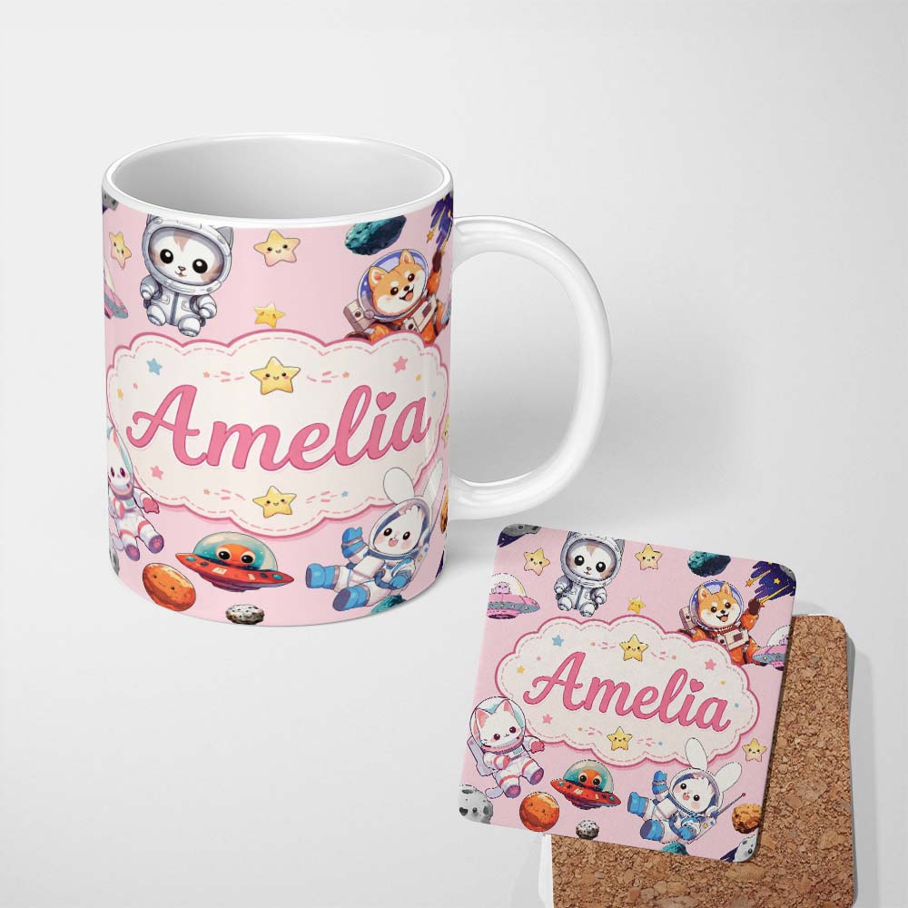 Personalized Custom Name Cute Space Animals Astronaut Seamless Pattern Pink Galaxy Kids 11oz Ceramic Coffee Tea Mug White Large Handle