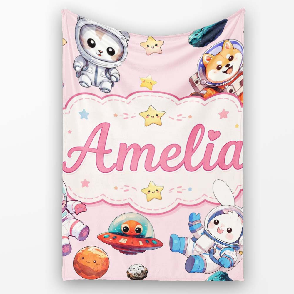 Cute Space Animals Astronaut Seamless Pattern Pink Galaxy Kids  Personalised Custom Name Super Soft Fleece Blanket Bed Sofa Throw