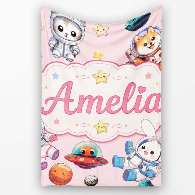 Cute Space Animals Astronaut Seamless Pattern Pink Galaxy Kids  Personalised Custom Name Super Soft Fleece Blanket Bed Sofa Throw