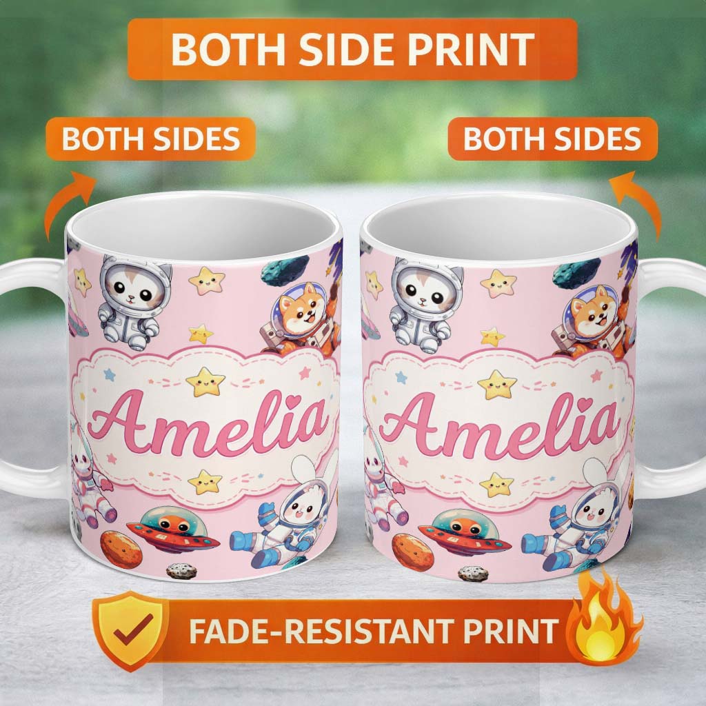 Personalized Custom Name Cute Space Animals Astronaut Seamless Pattern Pink Galaxy Kids 11oz Ceramic Coffee Tea Mug White Large Handle