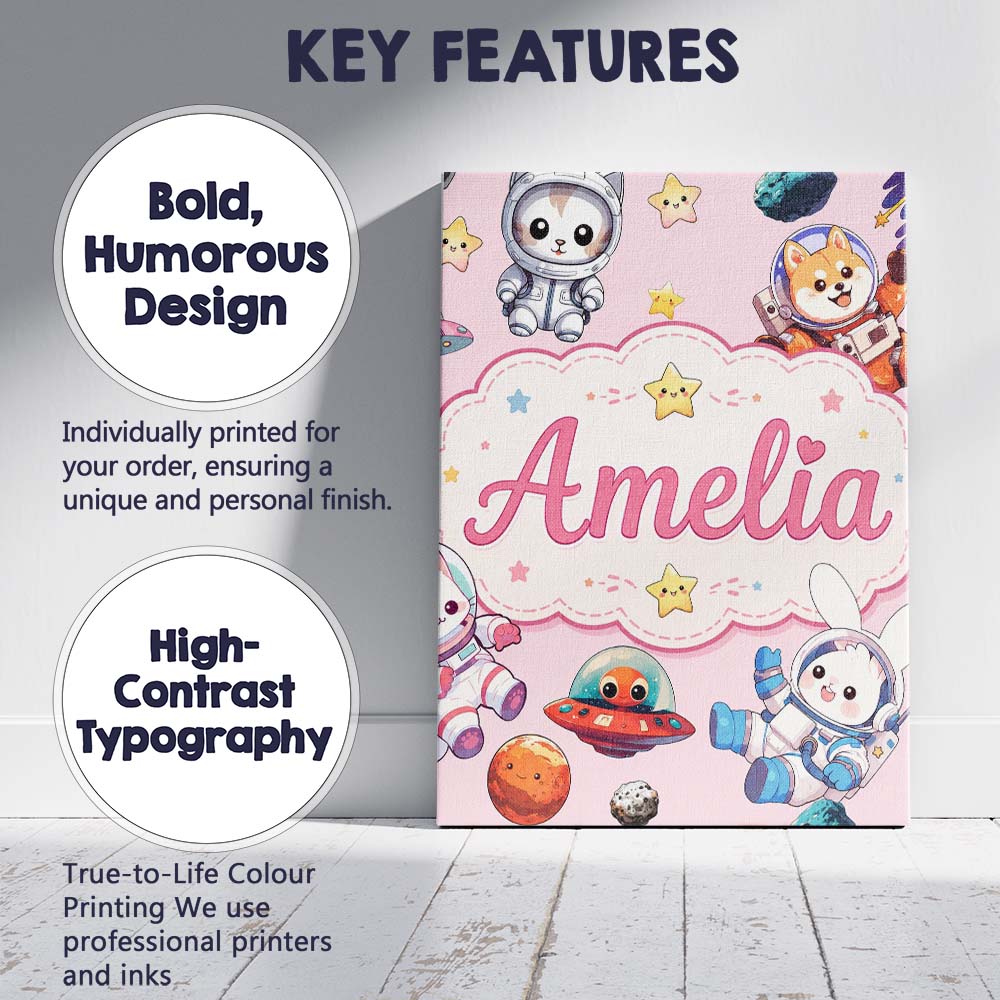 Personalised Name Cute Space Animals Custom Premium Decorative Design Modern Room Accent Canvas Wall Art Print Decor Picture Ready to Hang