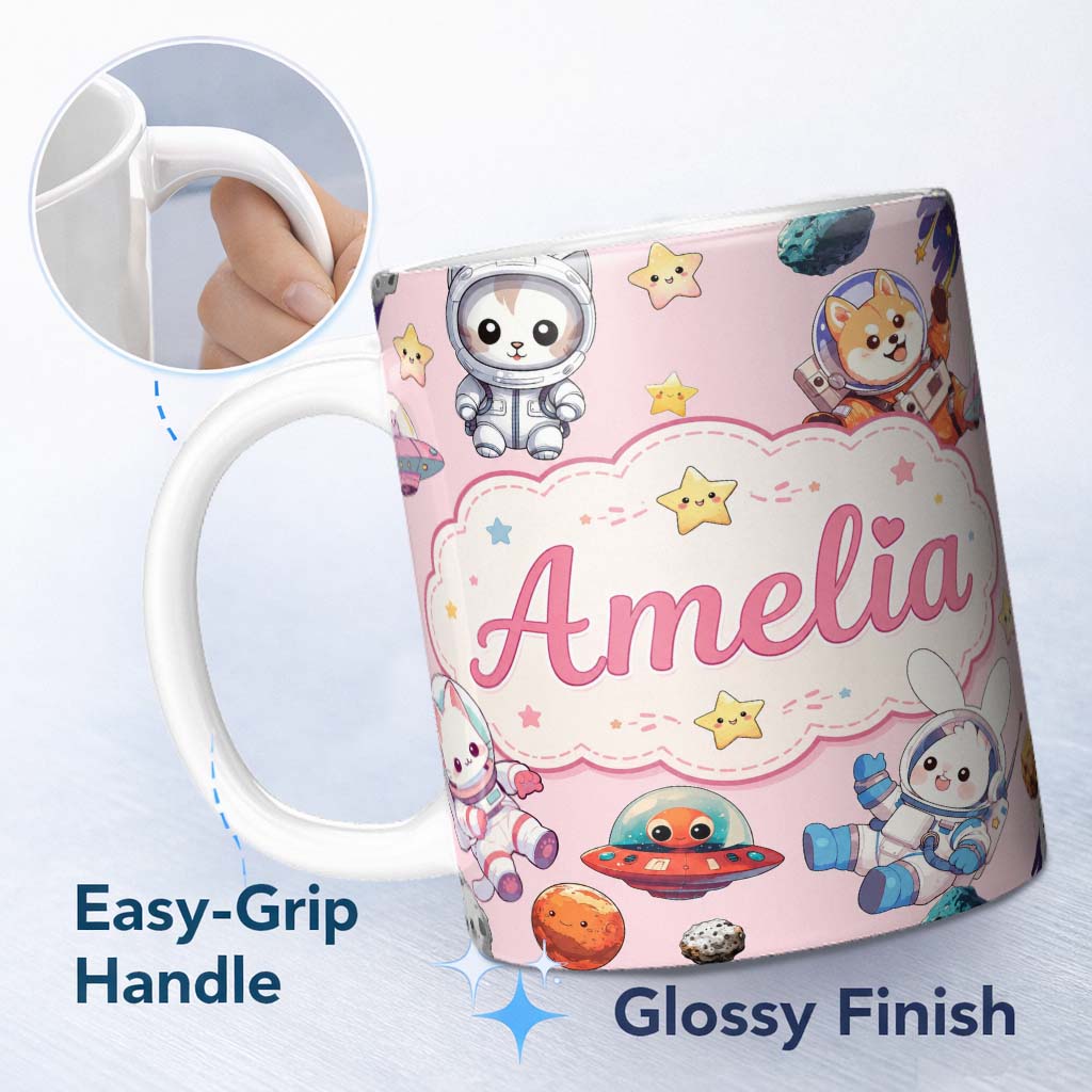 Personalized Custom Name Cute Space Animals Astronaut Seamless Pattern Pink Galaxy Kids 11oz Ceramic Coffee Tea Mug White Large Handle