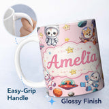 Personalized Custom Name Cute Space Animals Astronaut Seamless Pattern Pink Galaxy Kids 11oz Ceramic Coffee Tea Mug White Large Handle