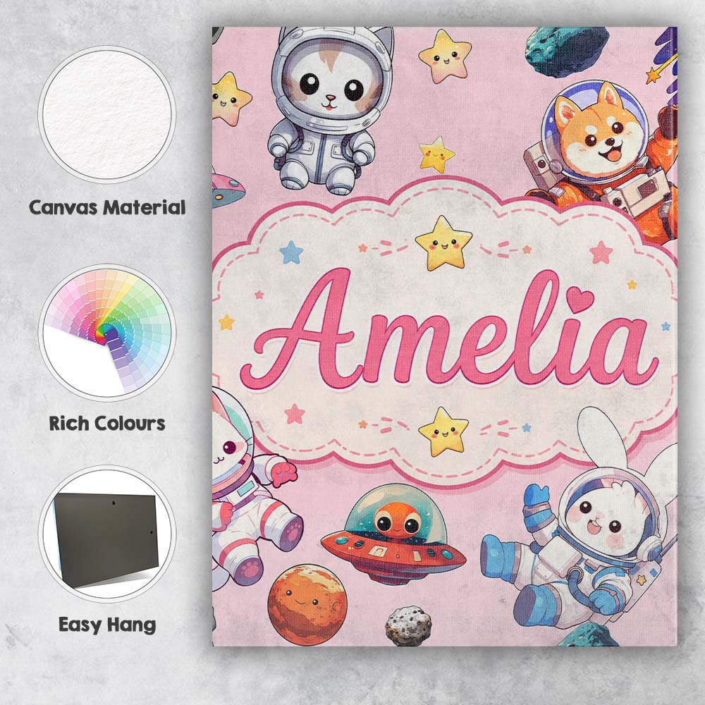 Personalised Name Cute Space Animals Custom Premium Decorative Design Modern Room Accent Canvas Wall Art Print Decor Picture Ready to Hang