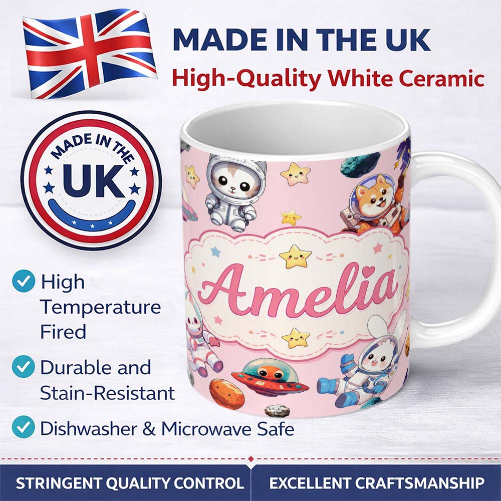 Personalized Custom Name Cute Space Animals Astronaut Seamless Pattern Pink Galaxy Kids 11oz Ceramic Coffee Tea Mug White Large Handle