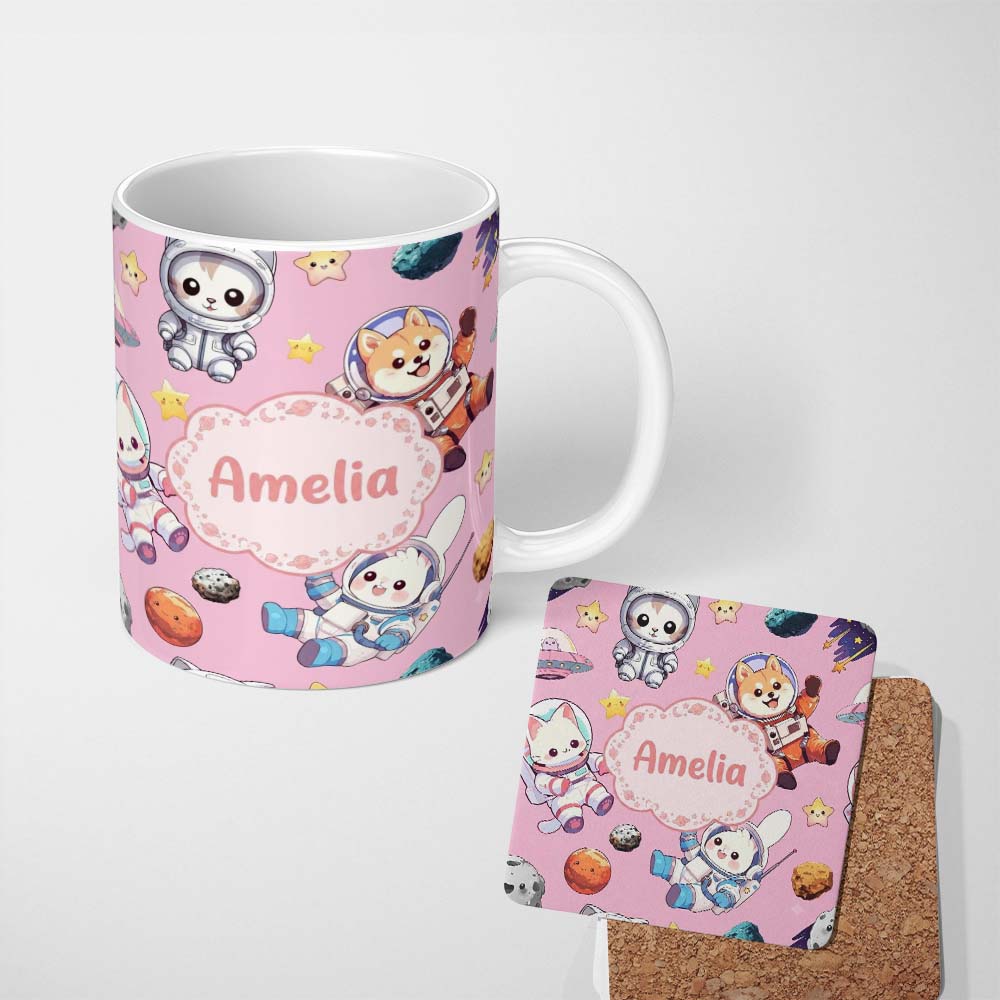Personalized Custom Name Cute Space Animals Astronaut Seamless Pattern Soft Pink Galaxy Kids 11oz Ceramic Coffee Tea Mug White Large Handle